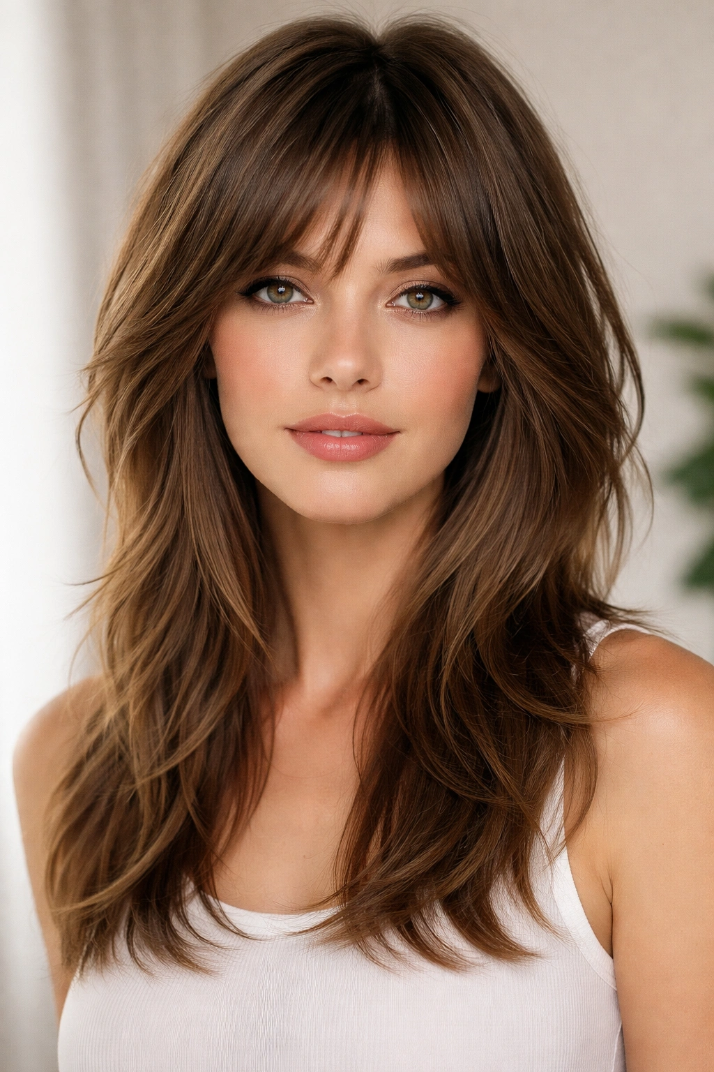 Face-framing shag hairstyle with short layers around the face