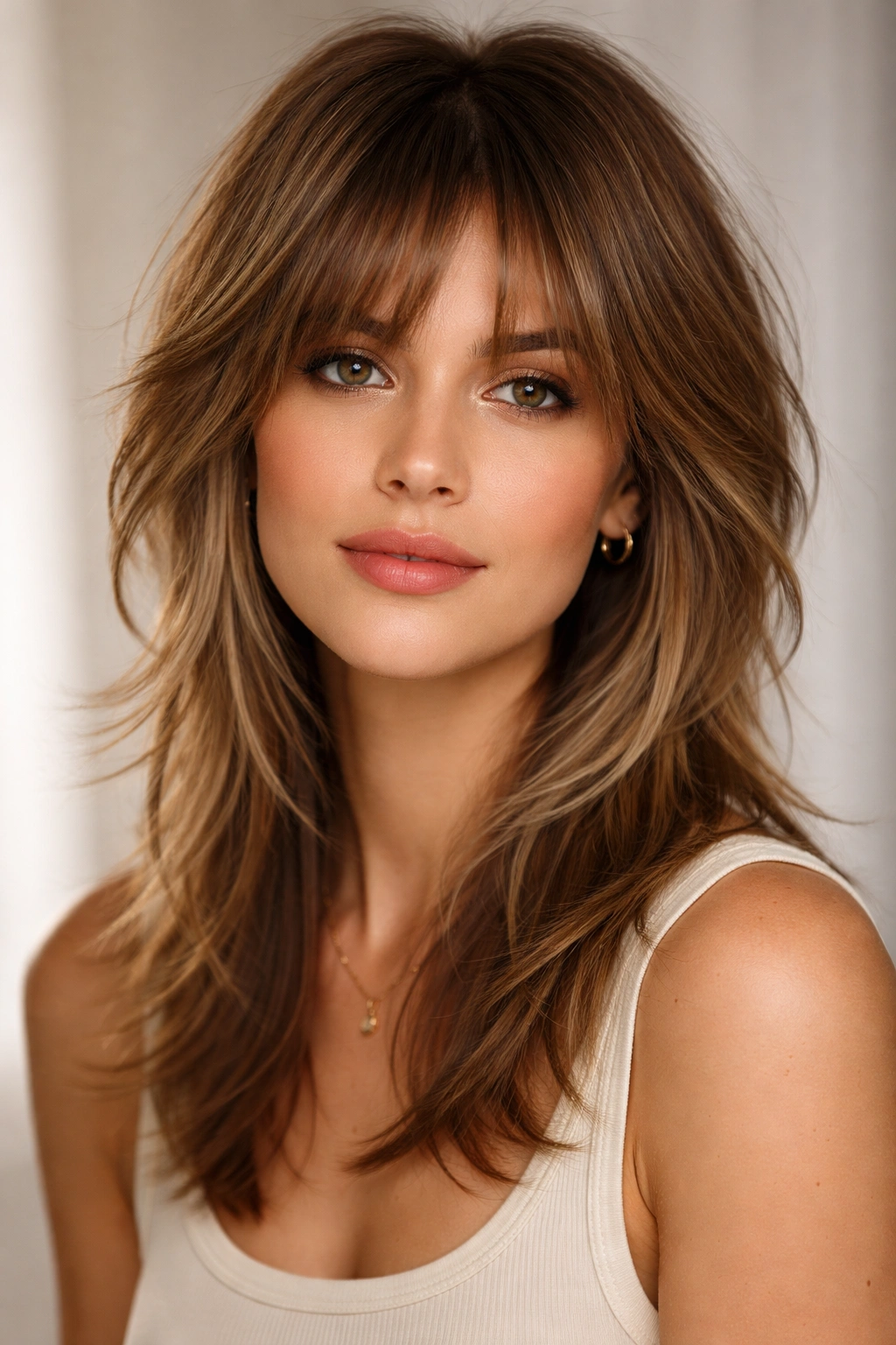 Model with face-framing layers in a shag