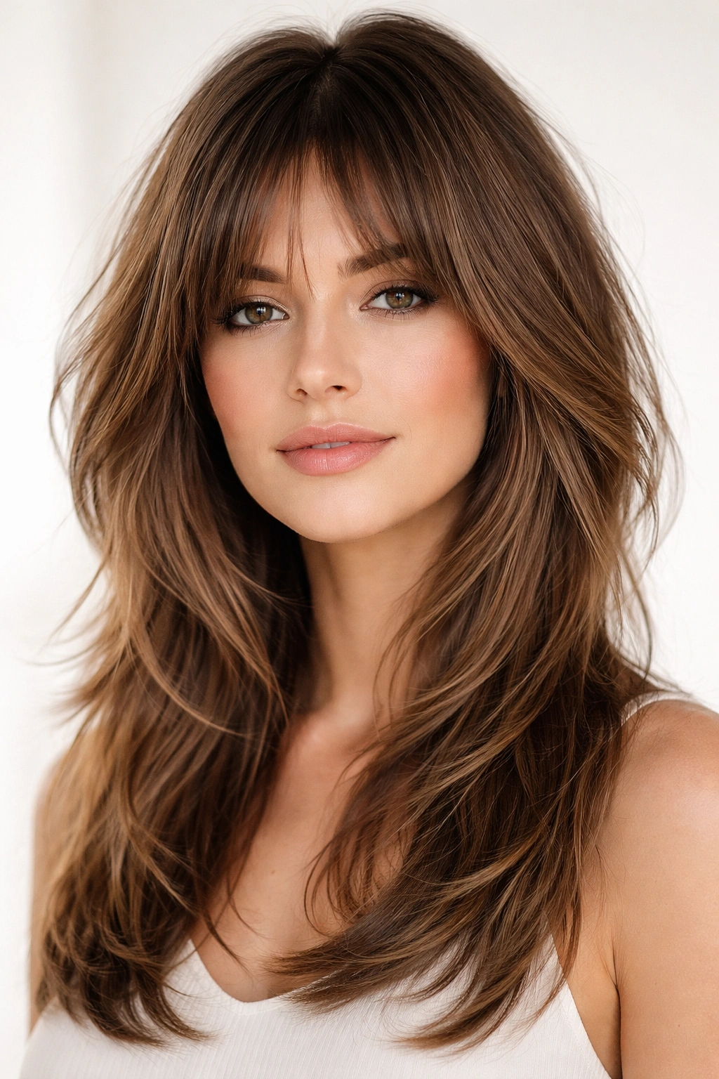 Face-framing shag layers around the face creating movement while preserving length