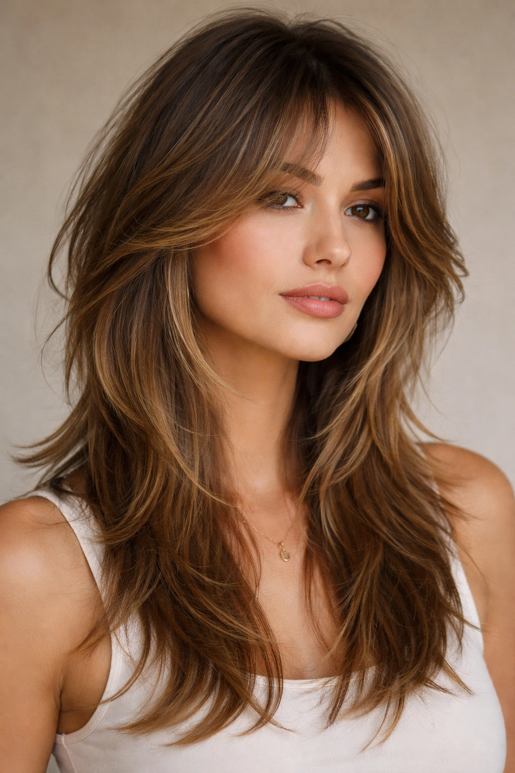Face-framing shag with long back layers around the face
