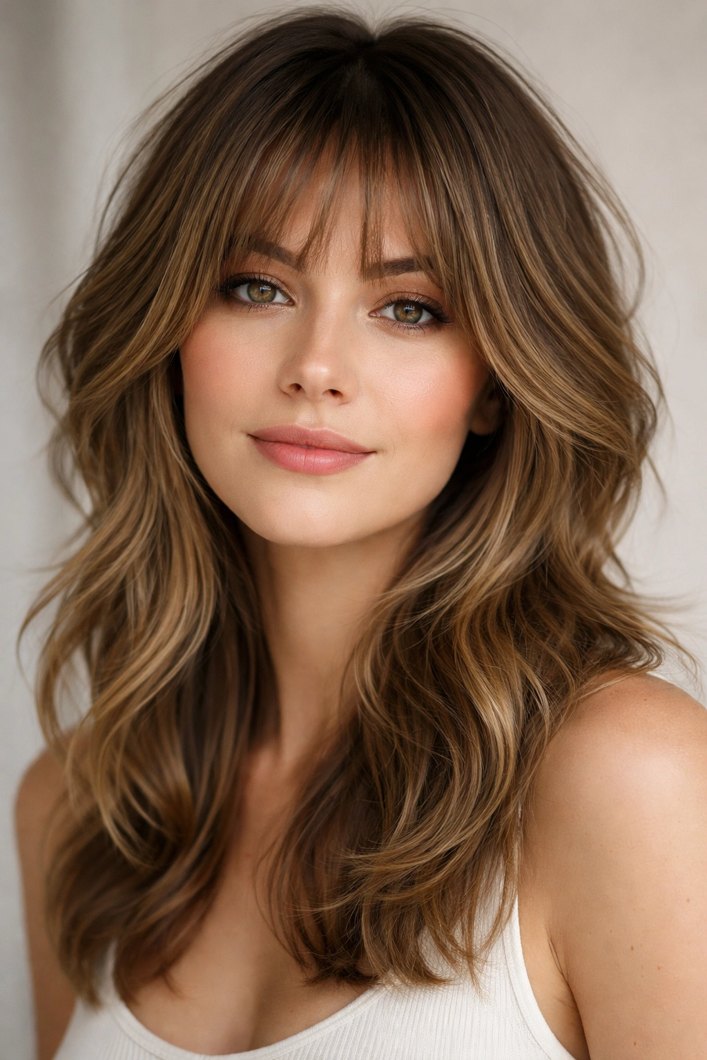 Close-up portrait of a person with face-framing shag and wispy bangs highlighting cheekbone-length layers