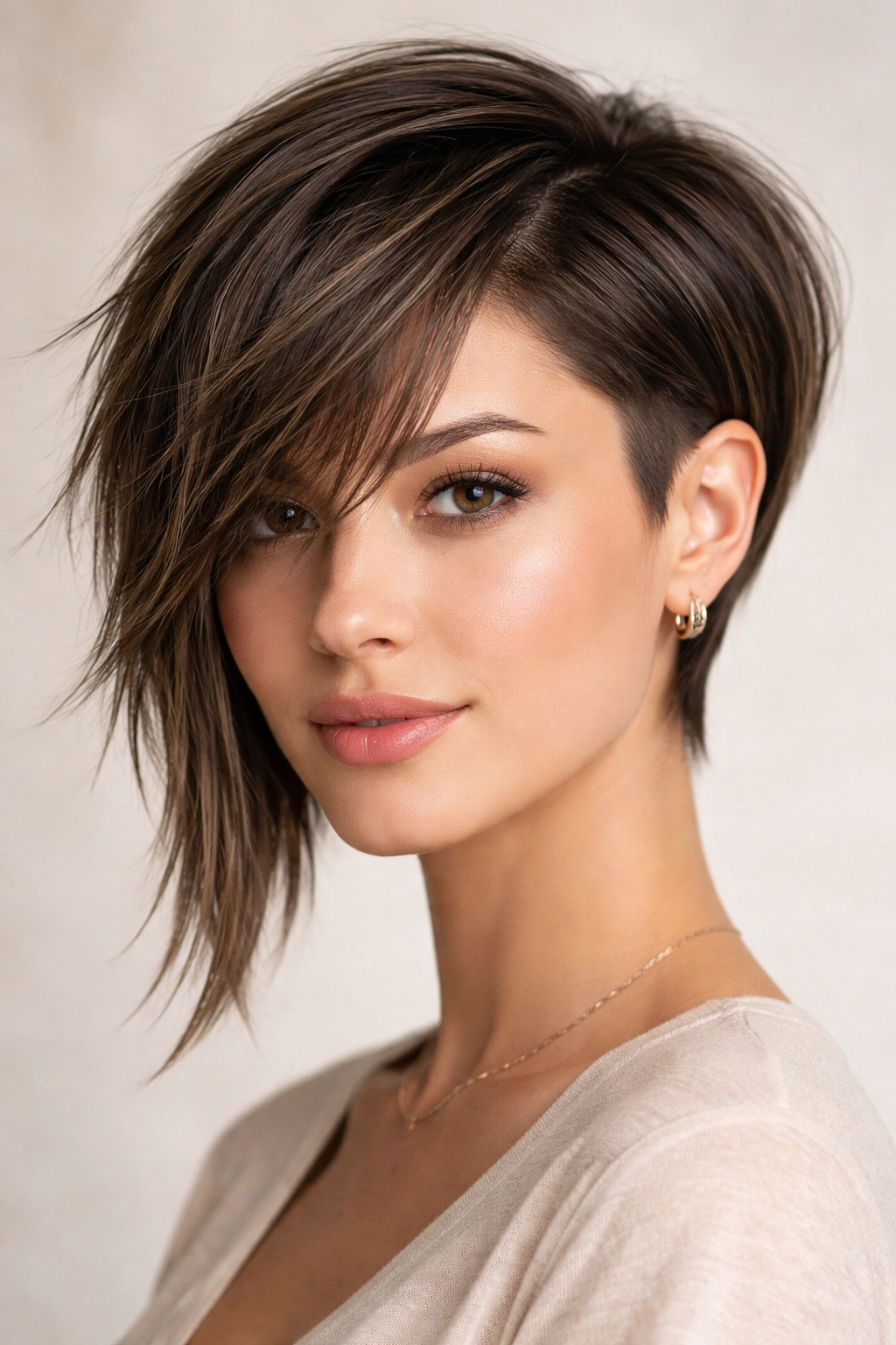 Face-framing undercut with longer front pieces and textured strands