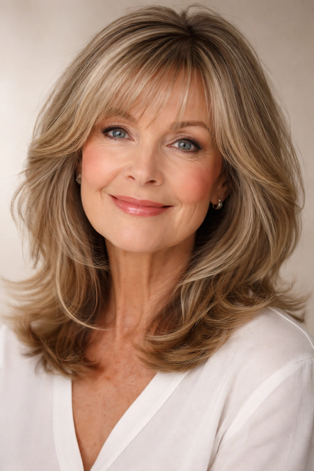Face-framing layers with wispy bangs softening facial features.