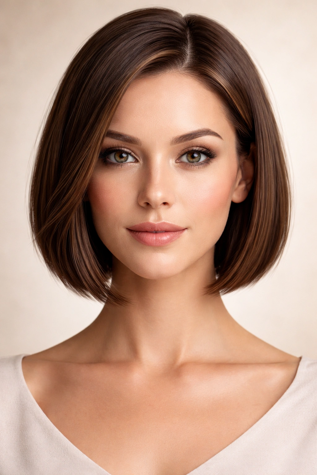 Front-facing head with an A-line bob flattering an oval face in neutral studio