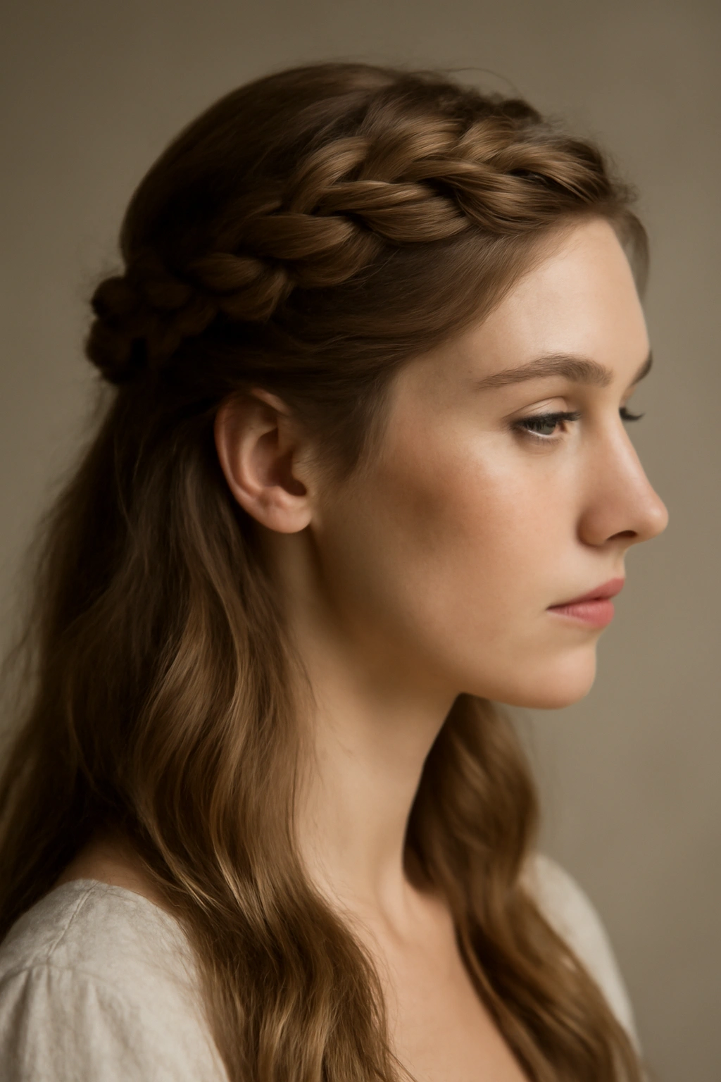 8 Half-Up Braided Styles That Were Made for Weddings 12 Side profile of a head with a crown braid illustrating a flattering vertical line for face shape