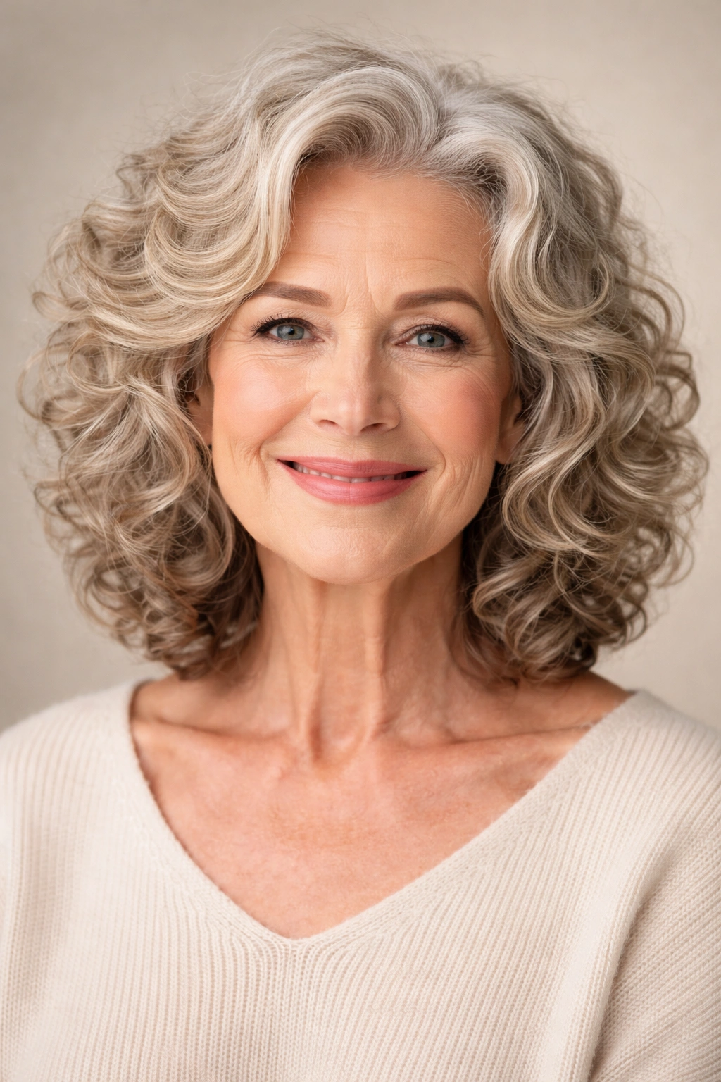 Mature woman with curly hair framing her face in studio portrait emphasizing face shape