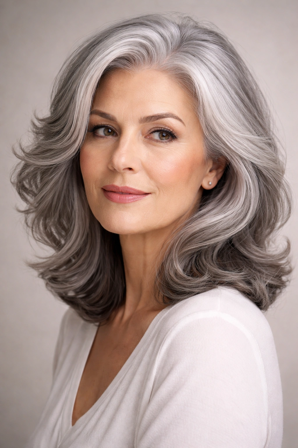 Portrait of a mature person with gray hair highlighting face shape contours