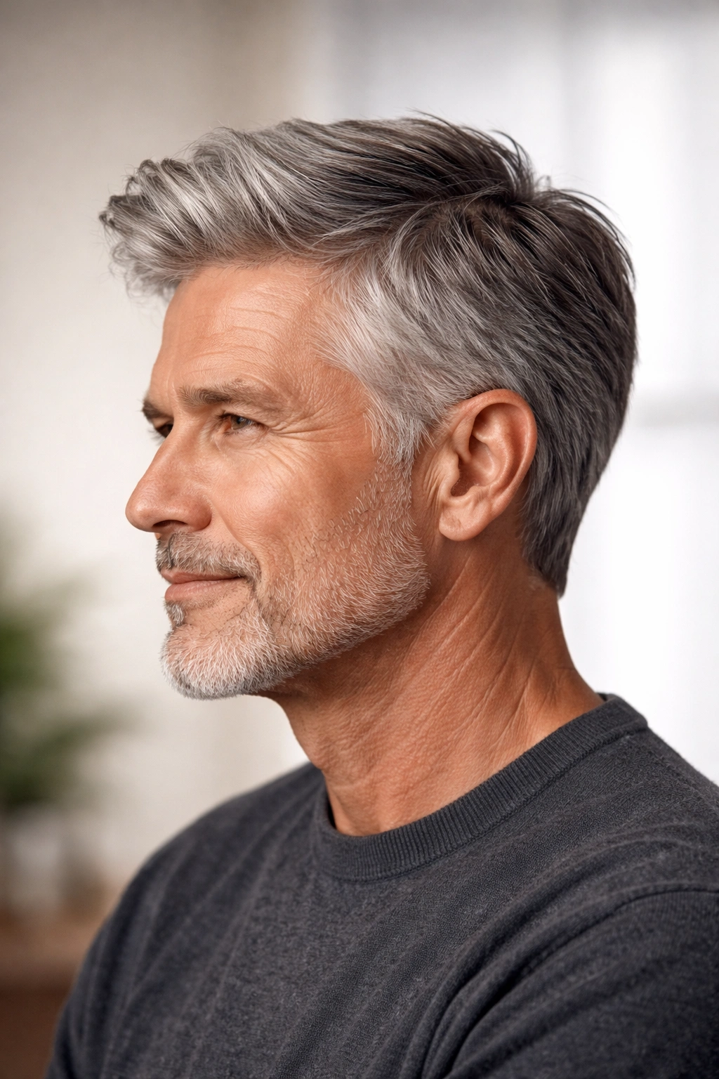 Side-profile of a mature man with a balanced, textured haircut