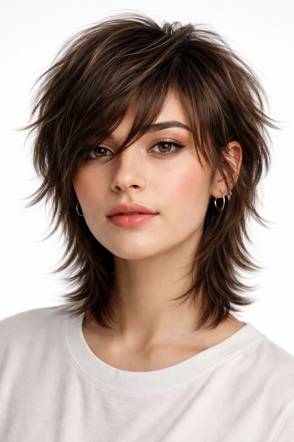 Portrait of a person with a diagonal-fringe layered shag balancing a rounded face