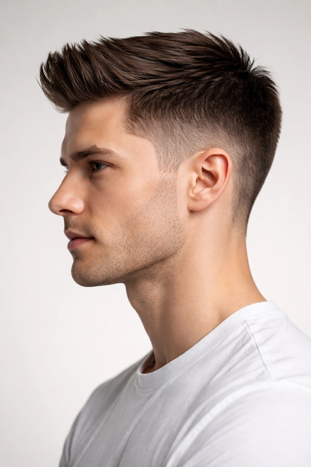 Side profile of a man with a balanced straight haircut highlighting the face shape