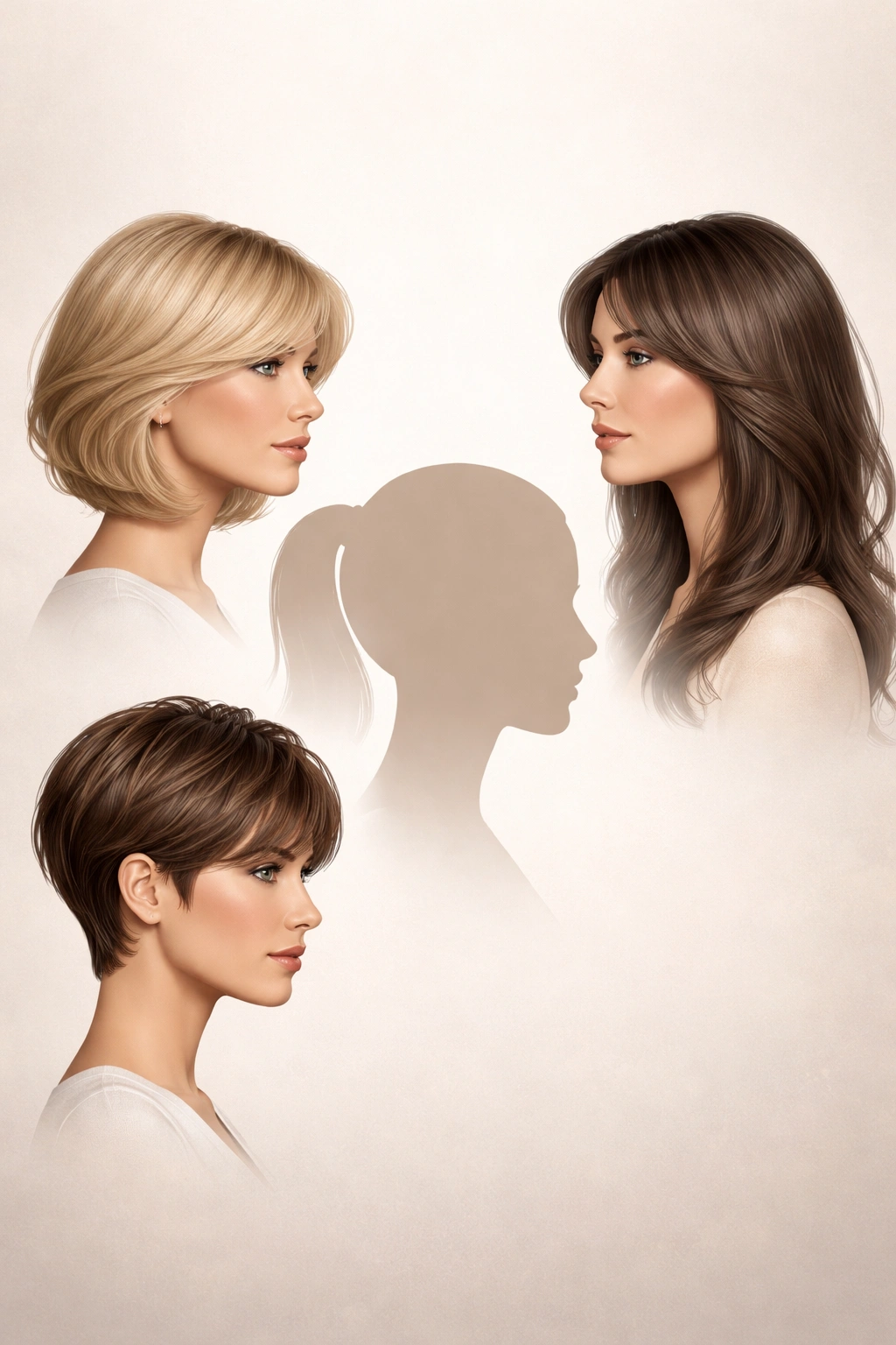 Profile silhouette of a head with three haircut silhouettes illustrating suitable cuts for different face shapes