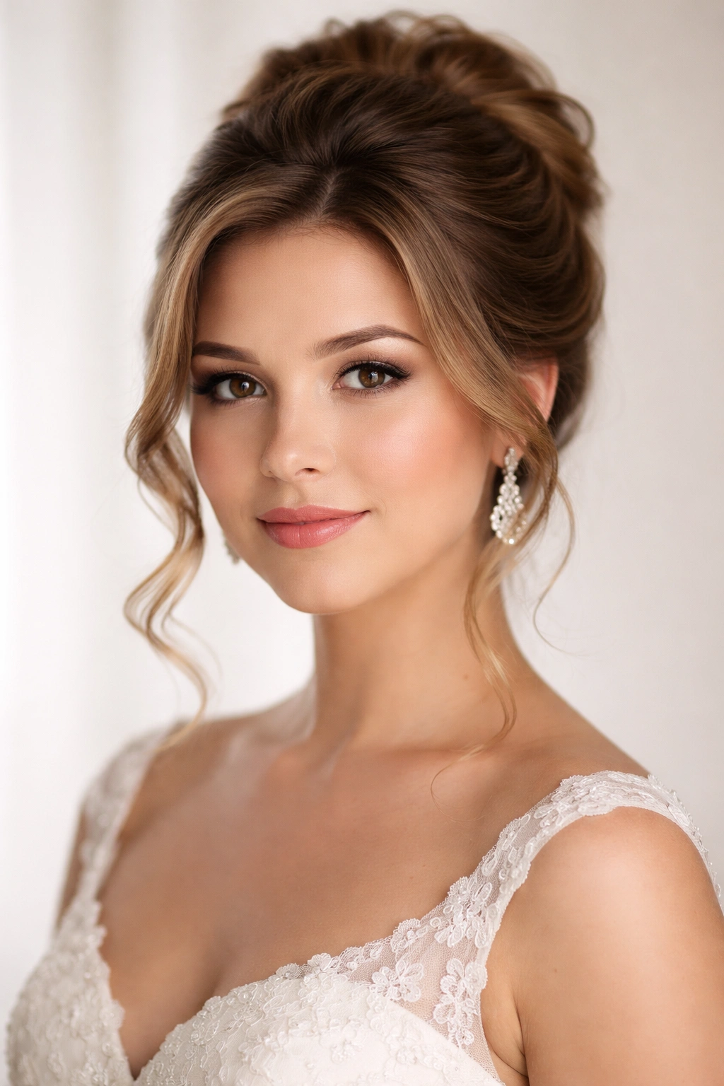 Bridal portrait with updo balancing round face shape