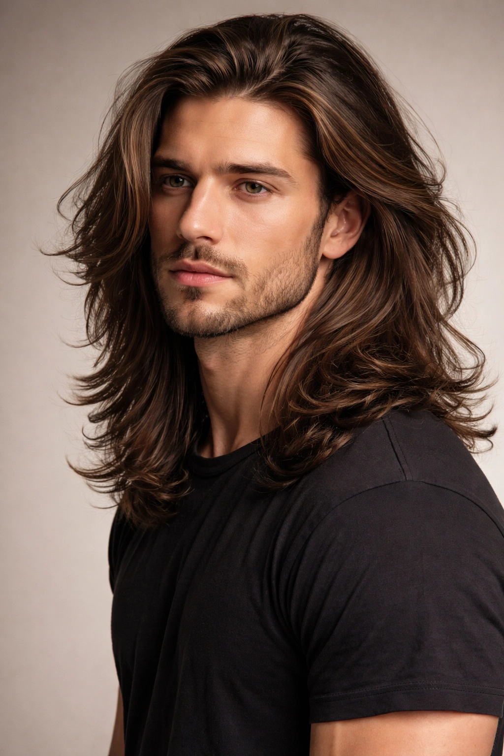 Portrait of a person with a long hairstyle that flatters a specific face shape in a studio