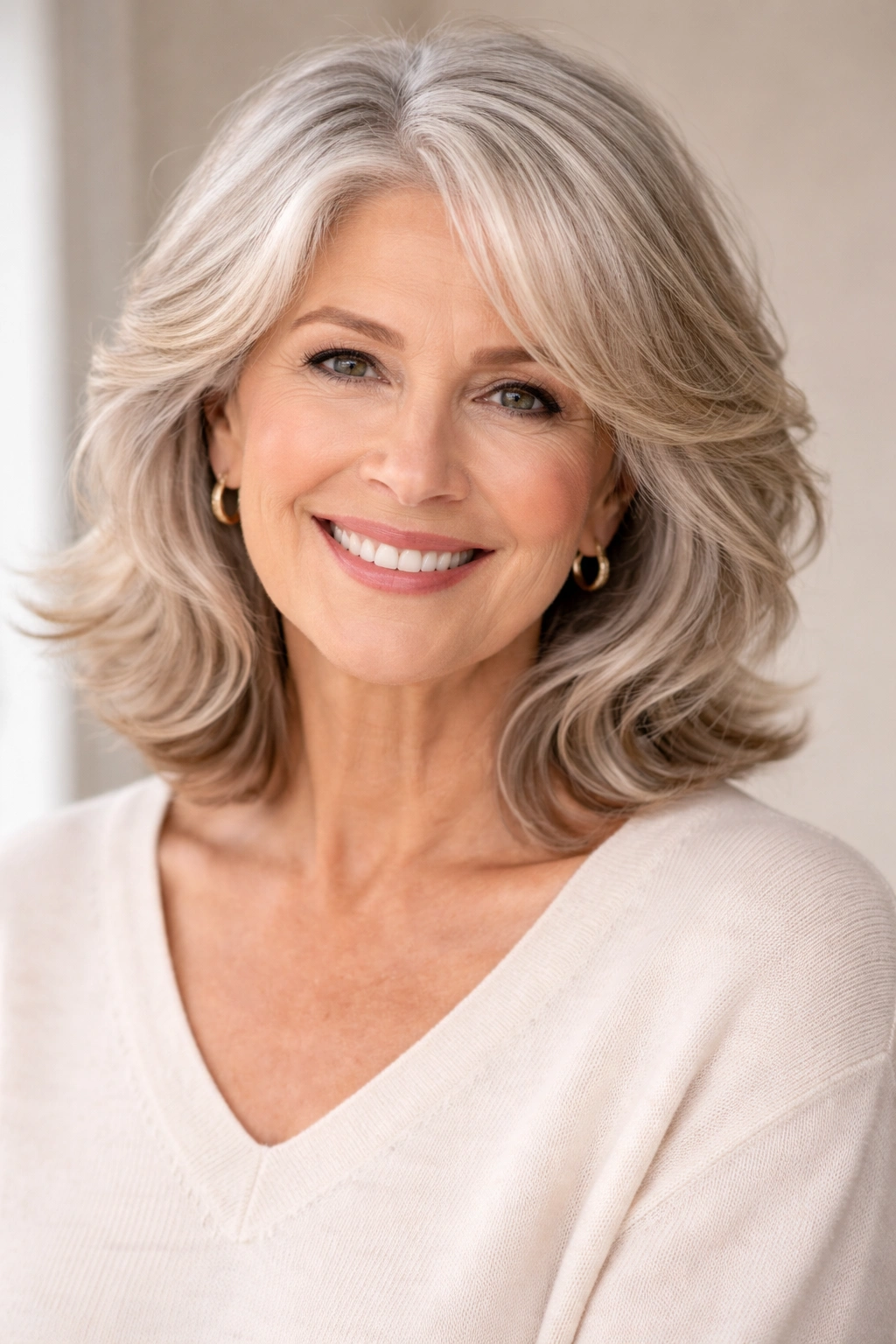 Mature woman with flattering hairstyle focusing on face shape and texture