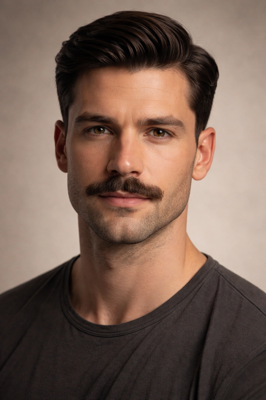 Portrait of a man with oval face, side-part haircut, and mustache illustrating face-shape pairing