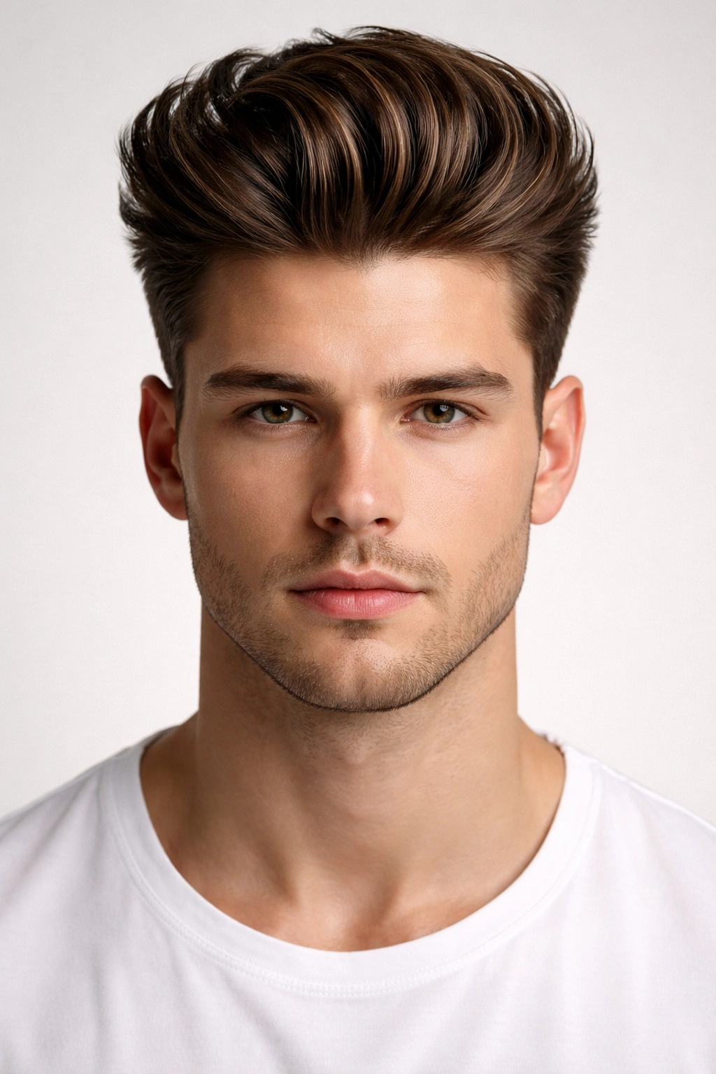 Portrait of a man with a pronounced pompadour and defined silhouette.