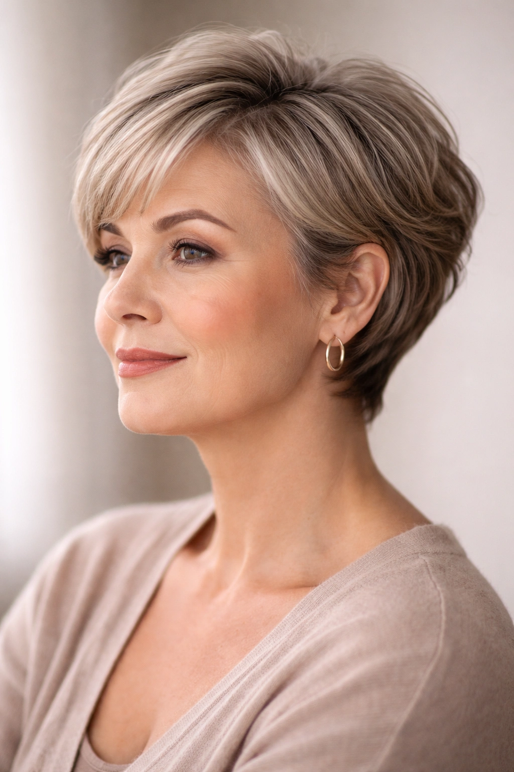 12 Short Hairstyles For Round Faces Over 50 2 Studio portrait of a round-faced person illustrating balanced proportions and neck length