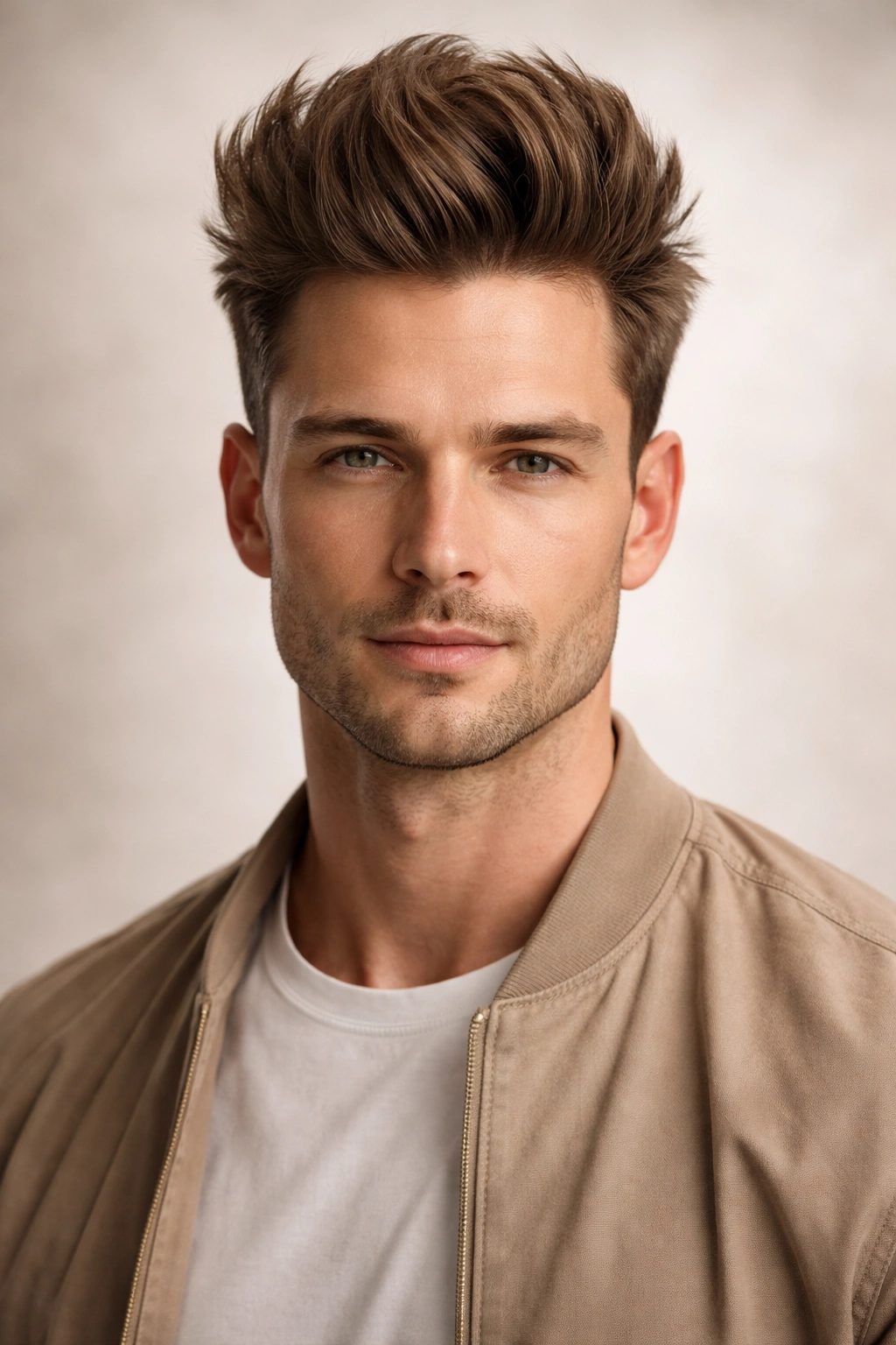 Front portrait of a man with a tall quiff to elongate the face