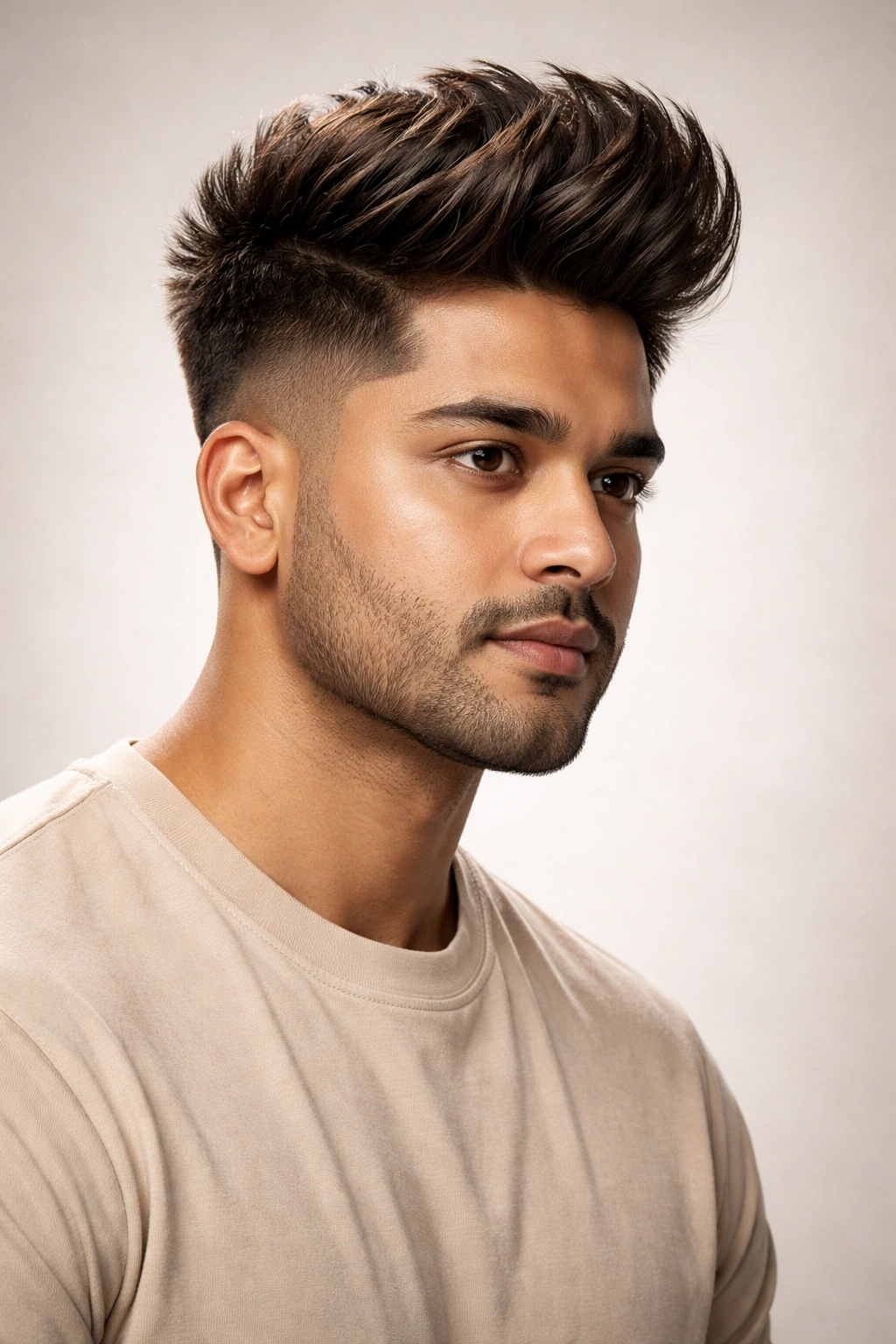 Portrait of round-faced man with high-volume quiff and tapered sides