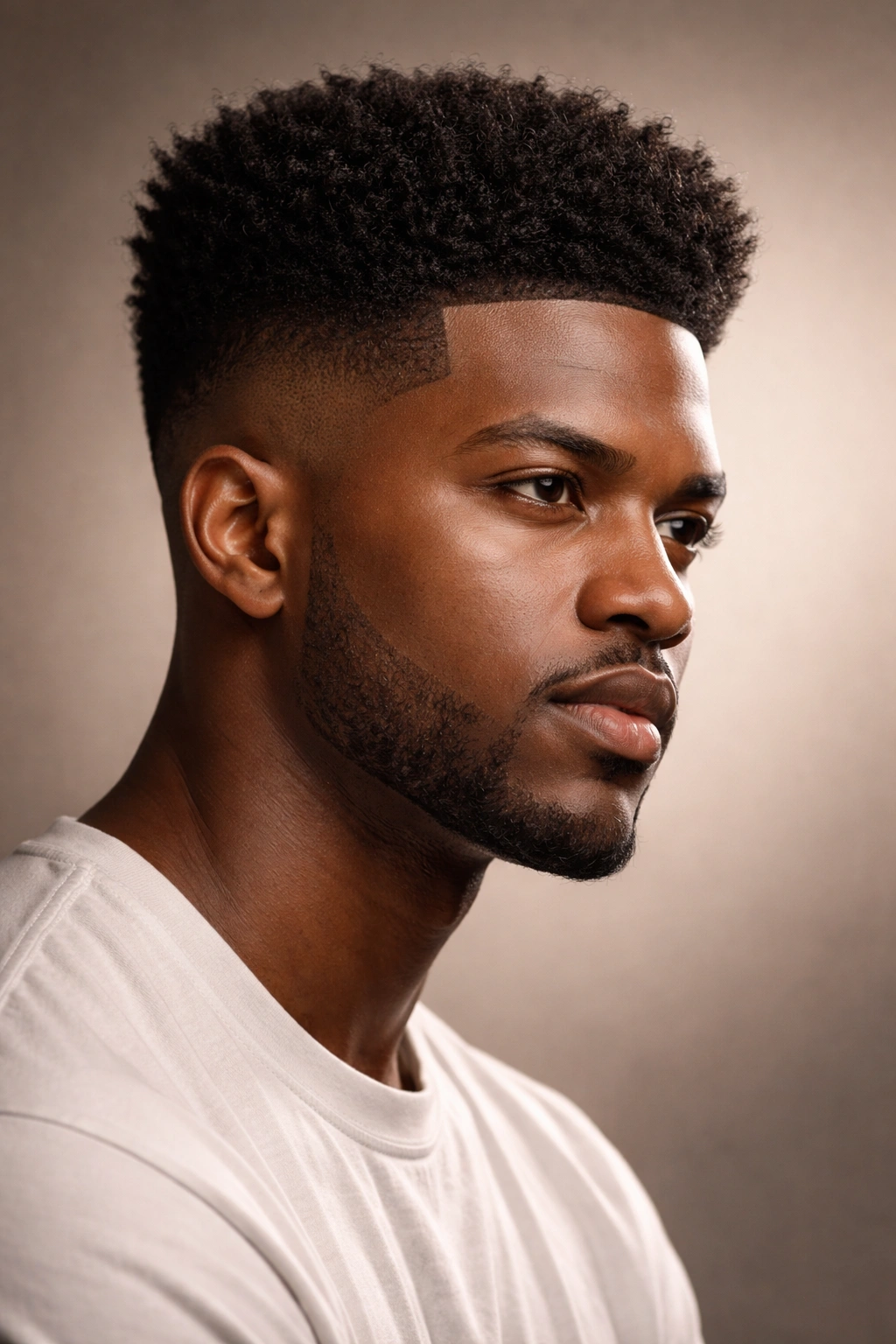 Portrait showing hairstyle chosen for round face elongation with high top fade