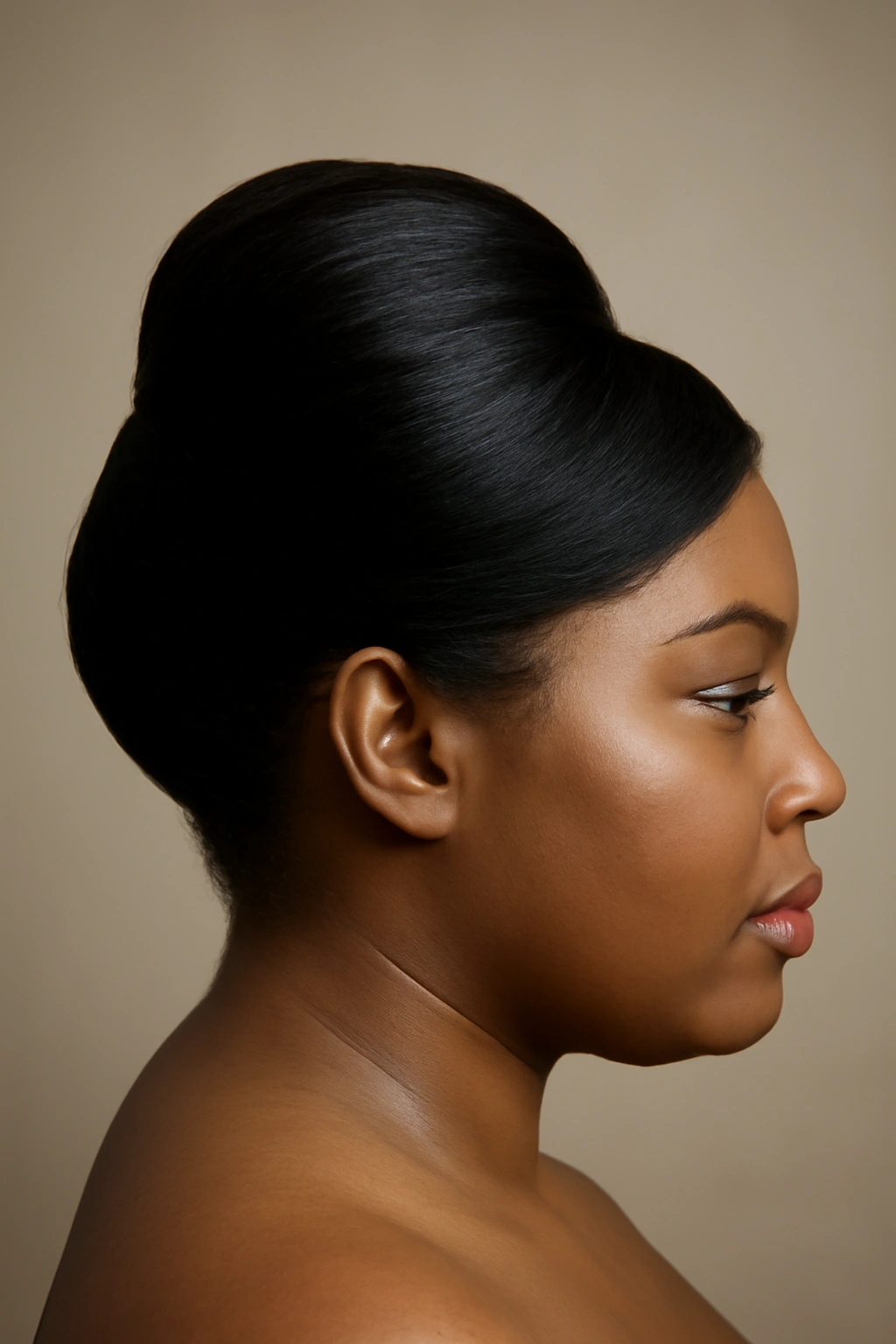 12 Elegant French Roll Updos Every Black Woman Needs 17 Profile view of a French roll styled to flatter a round face