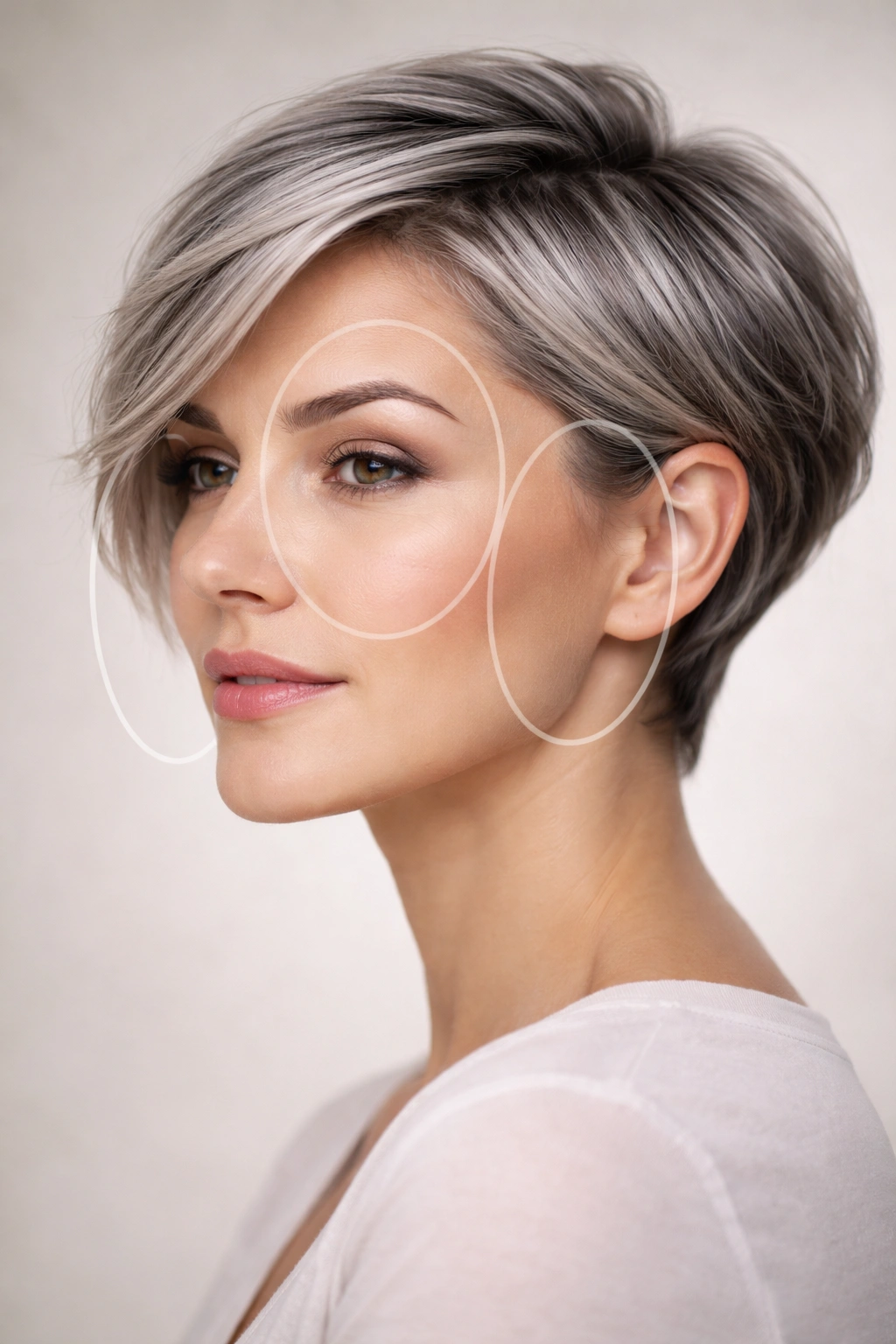 10 Short Haircuts Accented With Soft Gray Highlights 11 Minimalist head silhouette with shading suggesting face-shape variations for styling.