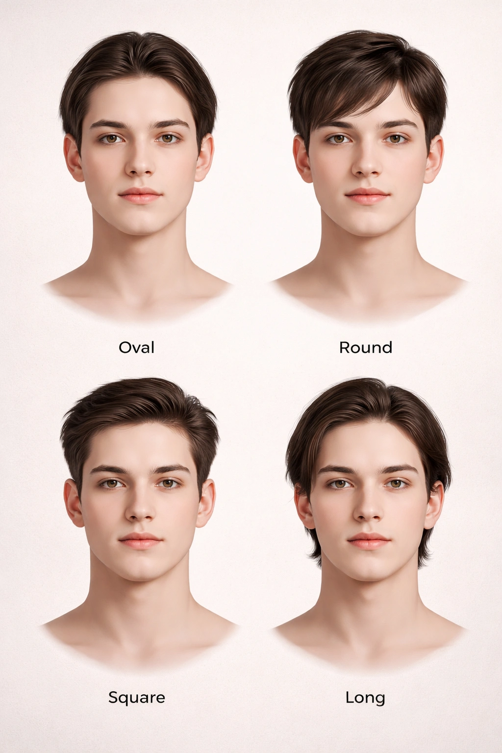 Four head silhouettes showing different face shapes to illustrate hairstyle guidance