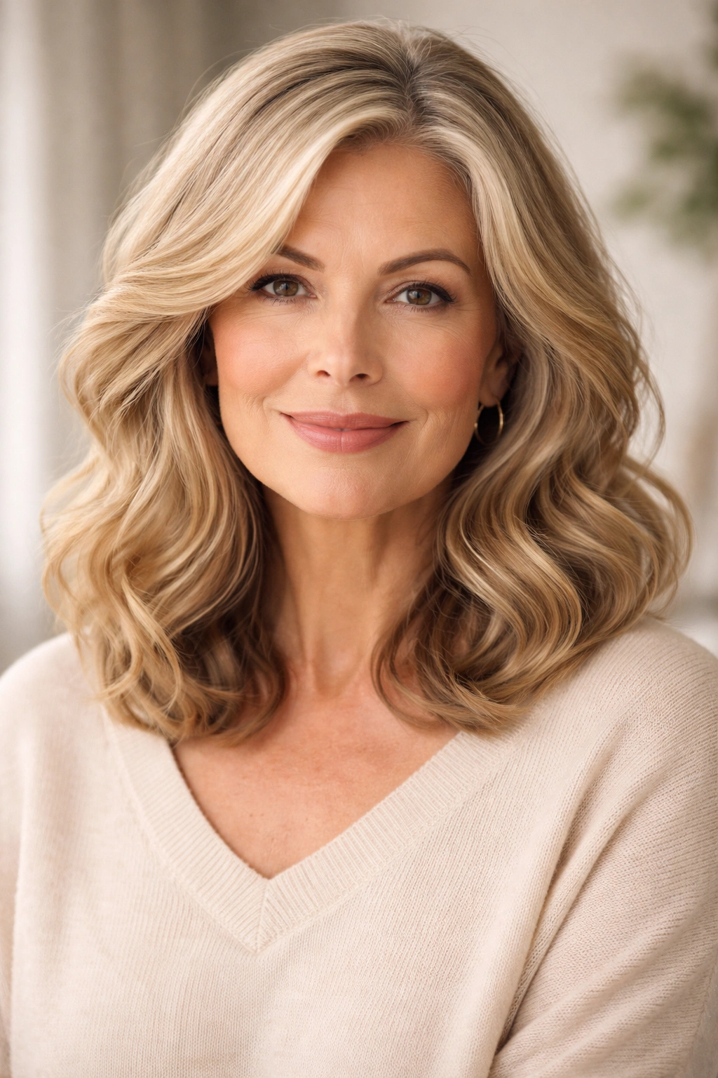 Portrait of a woman with shoulder-length softly waved hair framing her face
