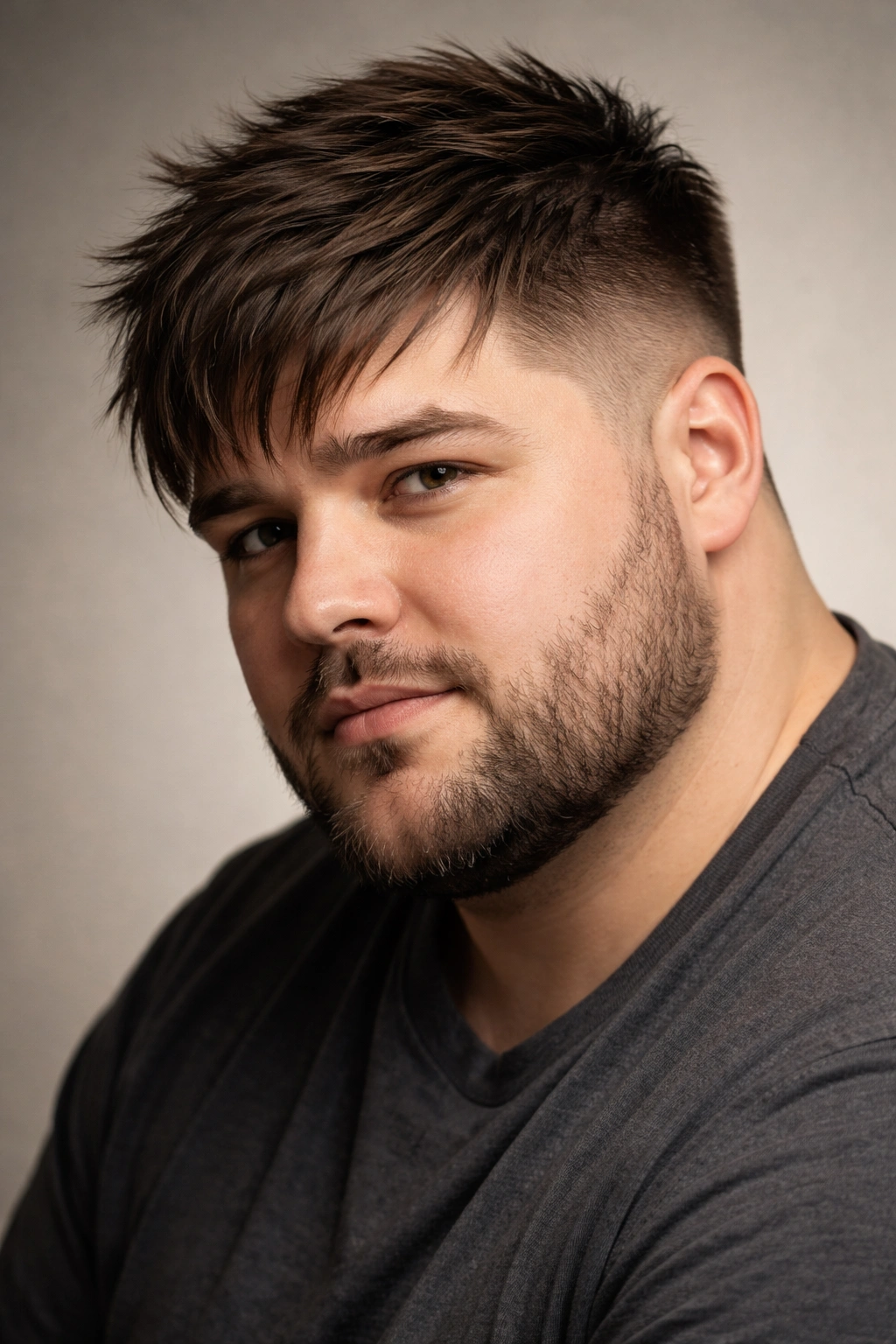 Portrait of a man with forward-brushed textured hair and short sides, showing face-framing style