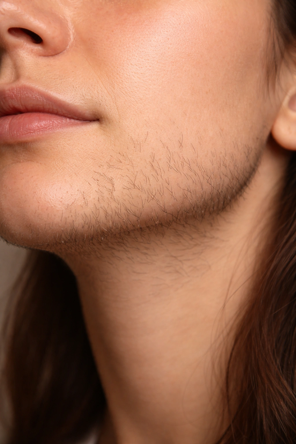 Close-up of a female lower face showing coarse facial hair along the jawline