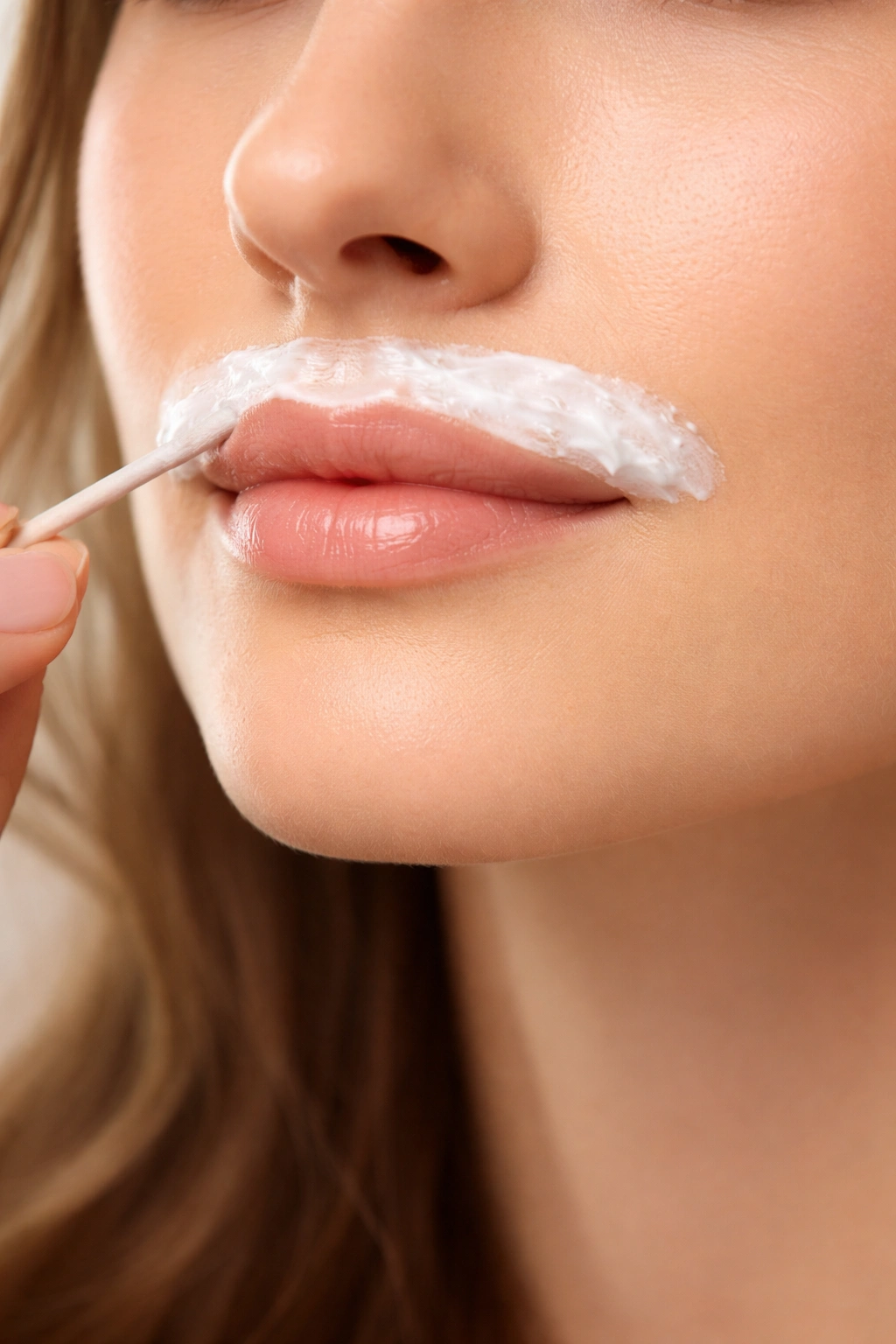Careful facial application of cream around upper lip area