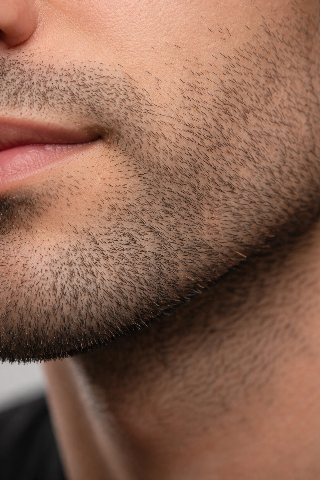 Close-up of male jawline with visible facial hair follicles and light stubble
