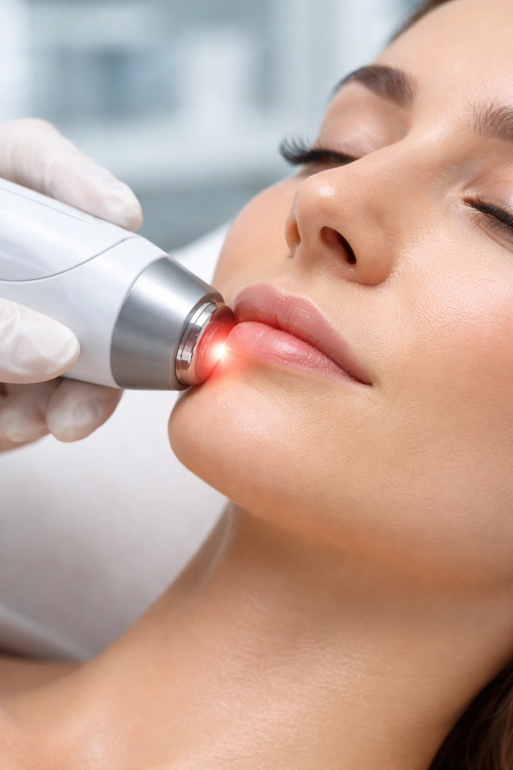 Close-up of facial laser treatment on cheek in clinical setting for face safety