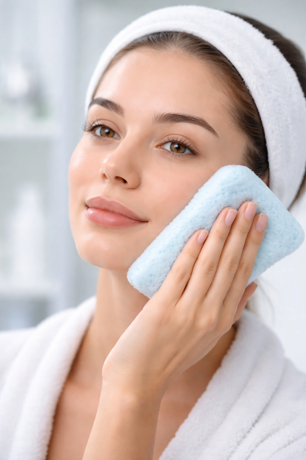 Makeup-free face with a cool compress preparing for treatment
