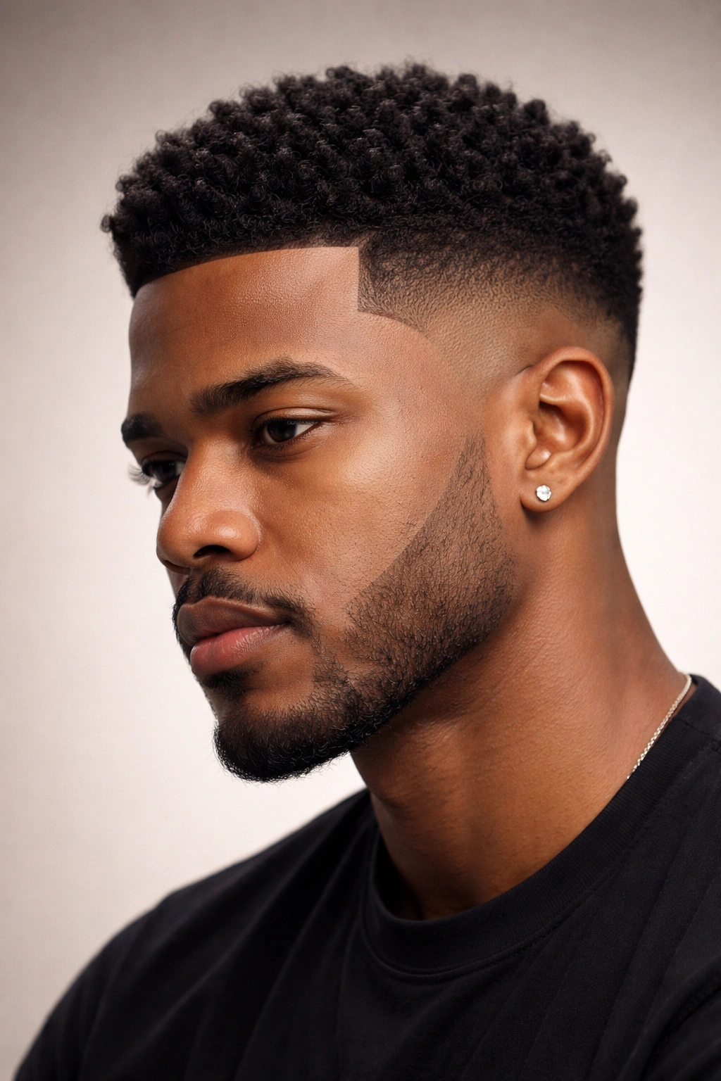 Close-up portrait of a Black man with a fade showing sides tapering to longer top, illustrating fade basics.