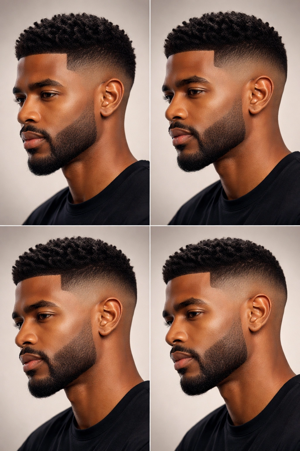 Close-up portrait of a Black man with a gradient fade from top length to shaved sides