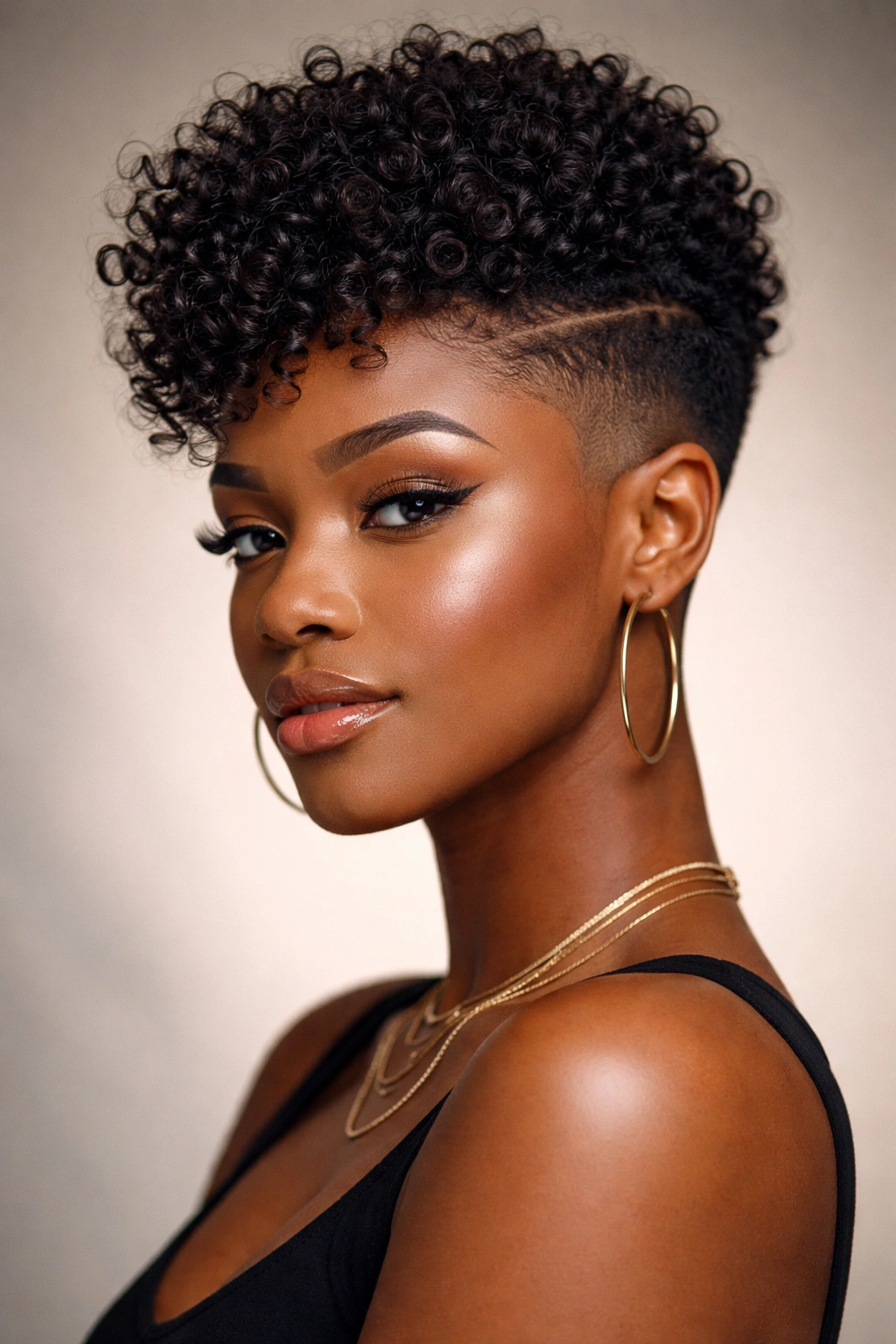 Portrait of a Black woman with a fade on the sides and curly top showing bold contrast.