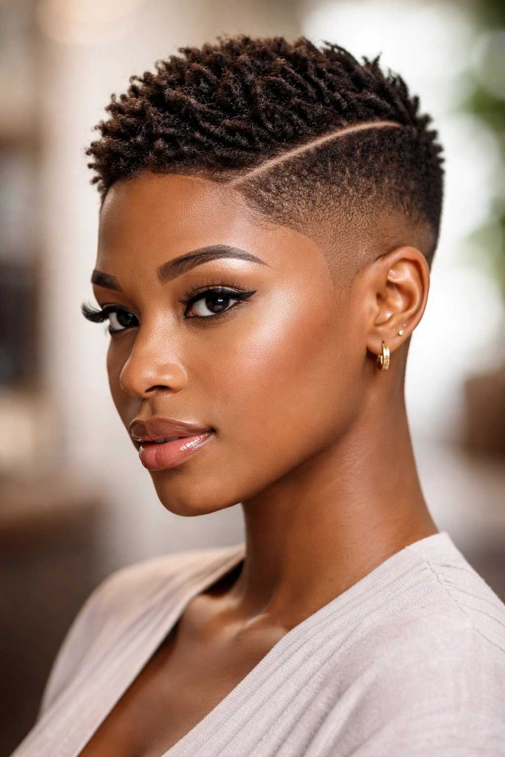 Profile of a Black woman with a textured top, curved side part, and fade on the sides