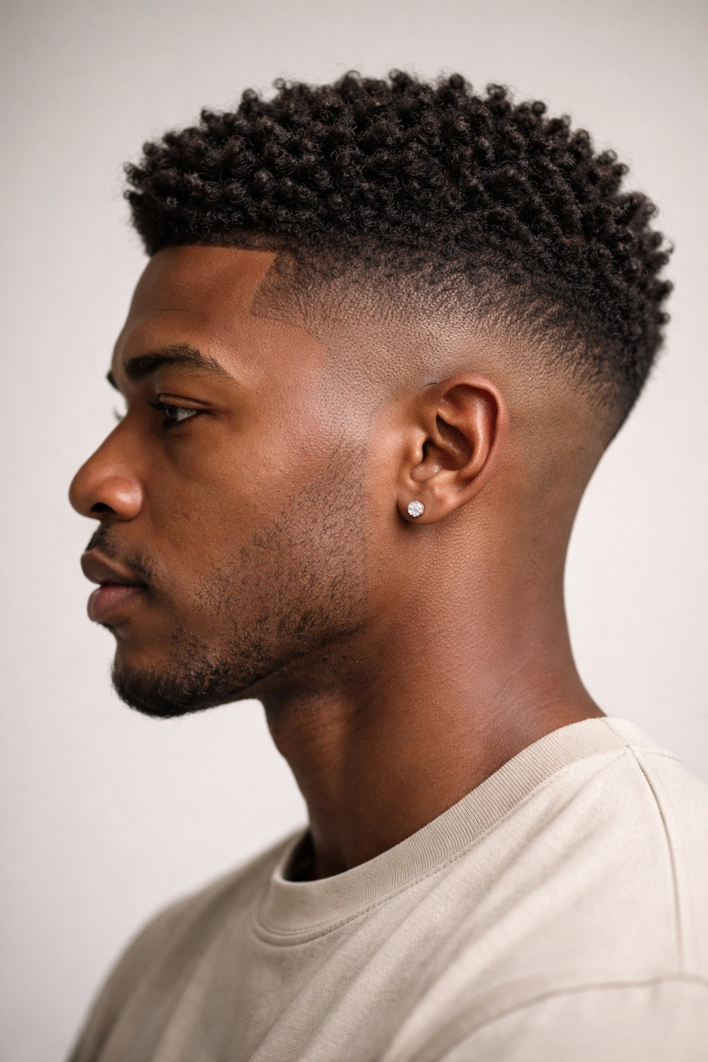Side profile of a fade cut hairstyle with gradient sides
