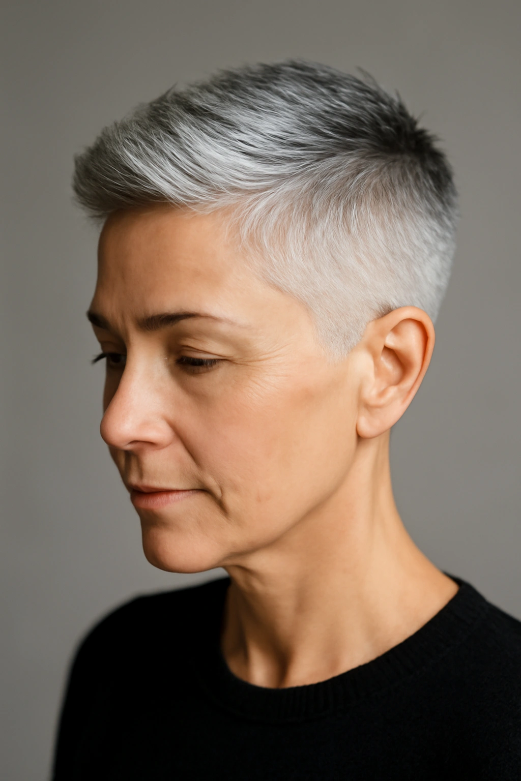 10 Short Haircuts for Women Embracing Their Gray Hair 8 Portrait of a gray-haired woman with a sleek short fade showing top texture