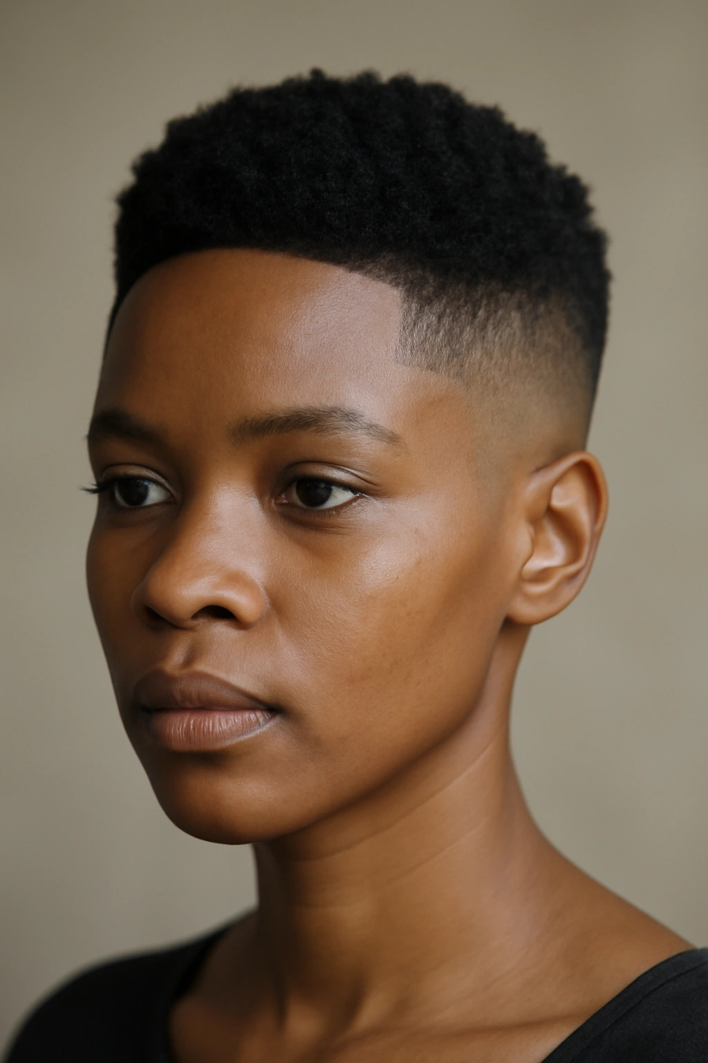 12 Short Haircuts Every African Woman Should Try 1 Close-up of a Black woman with a fade haircut showing clipped sides and textured crown