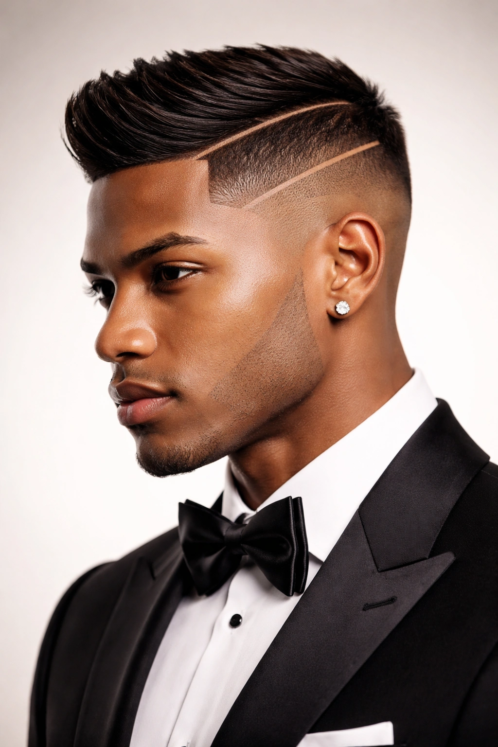 Close-up portrait of a head with a precise fade and sharp top for a formal look