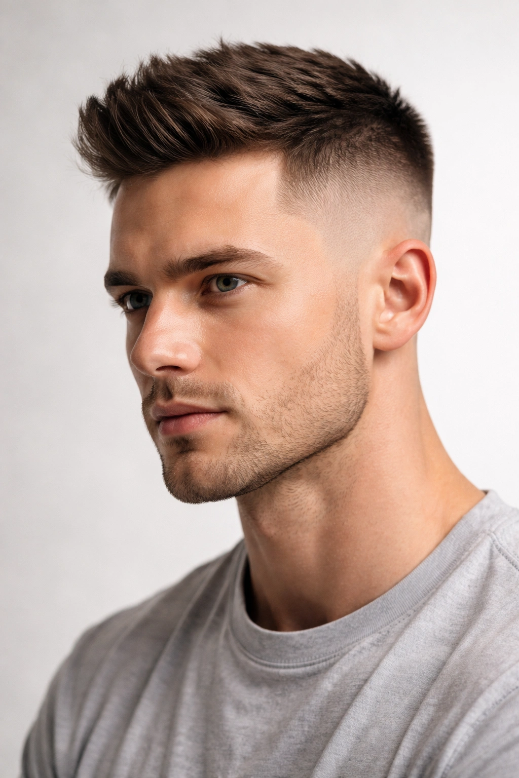 Close-up of a fade or high and tight hairstyle with a sharp side fade and longer top