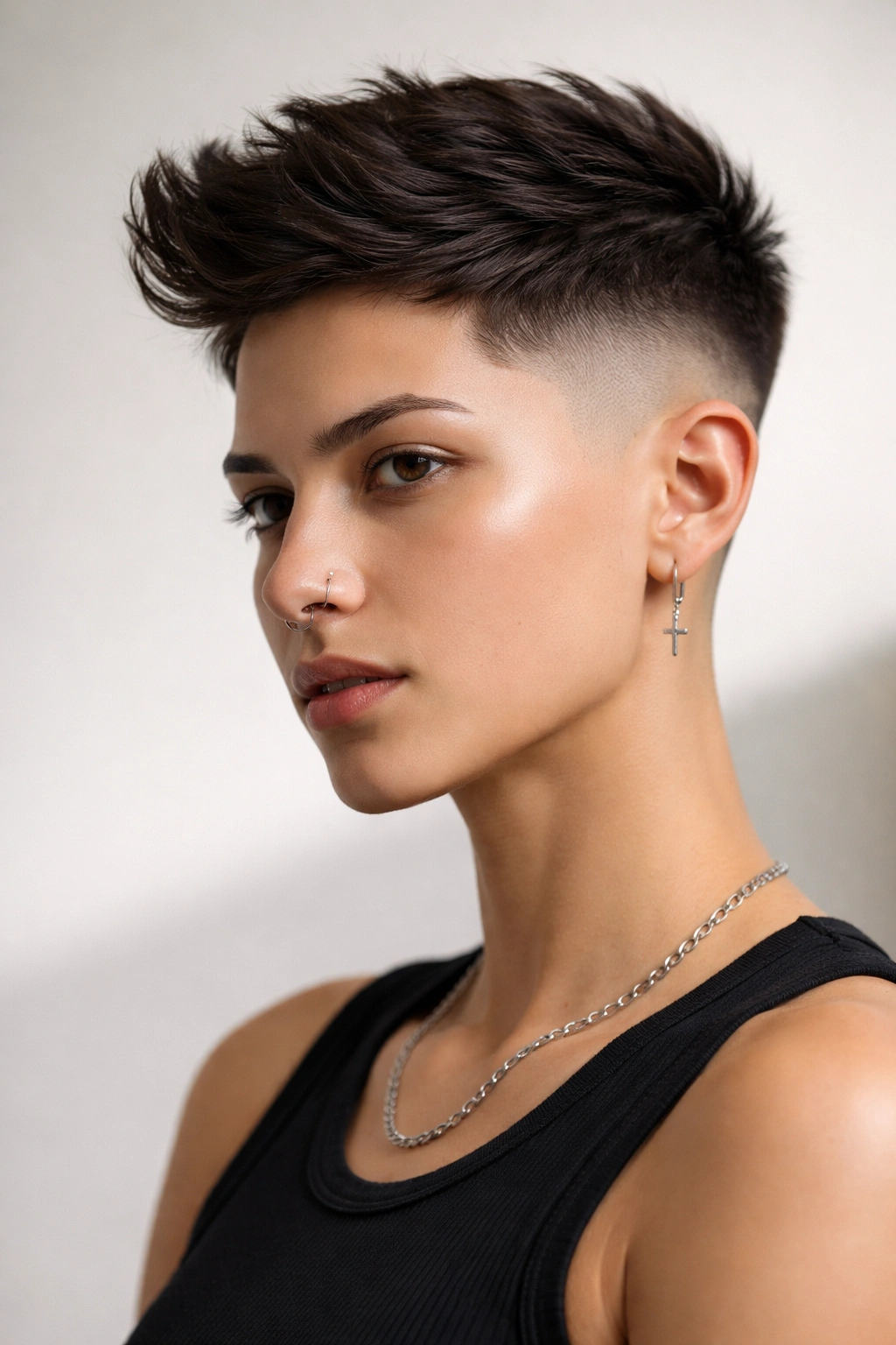 Head-and-shoulders shot showing a fade haircut with a longer top.