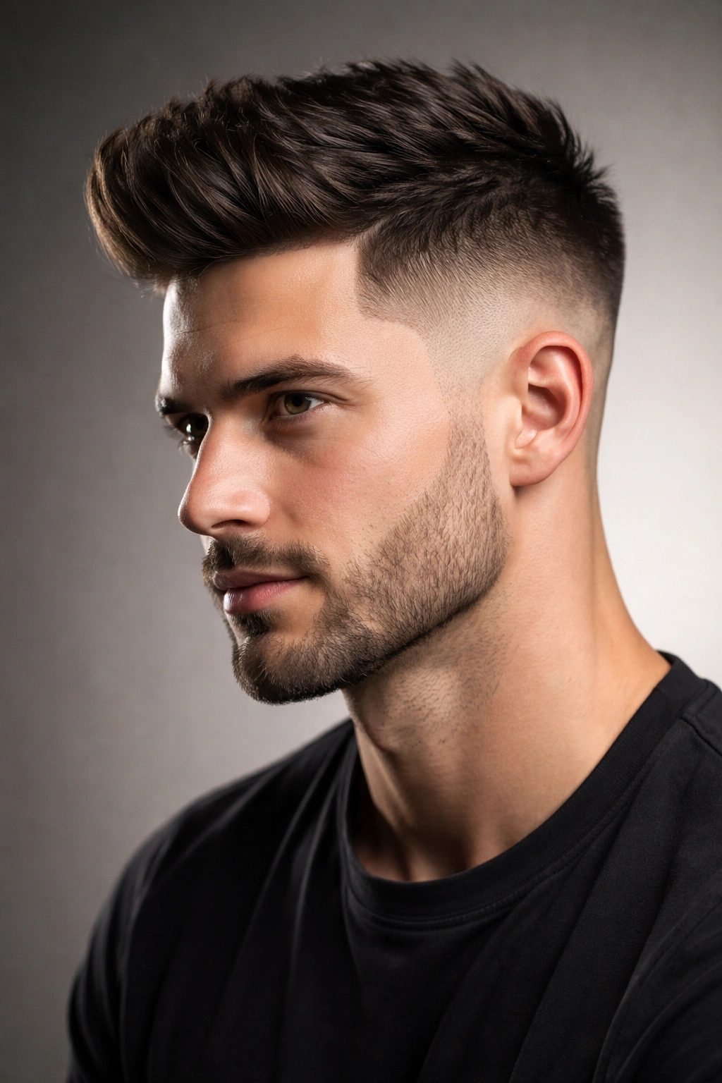 Close-up portrait of a man with a fade on the sides and longer top