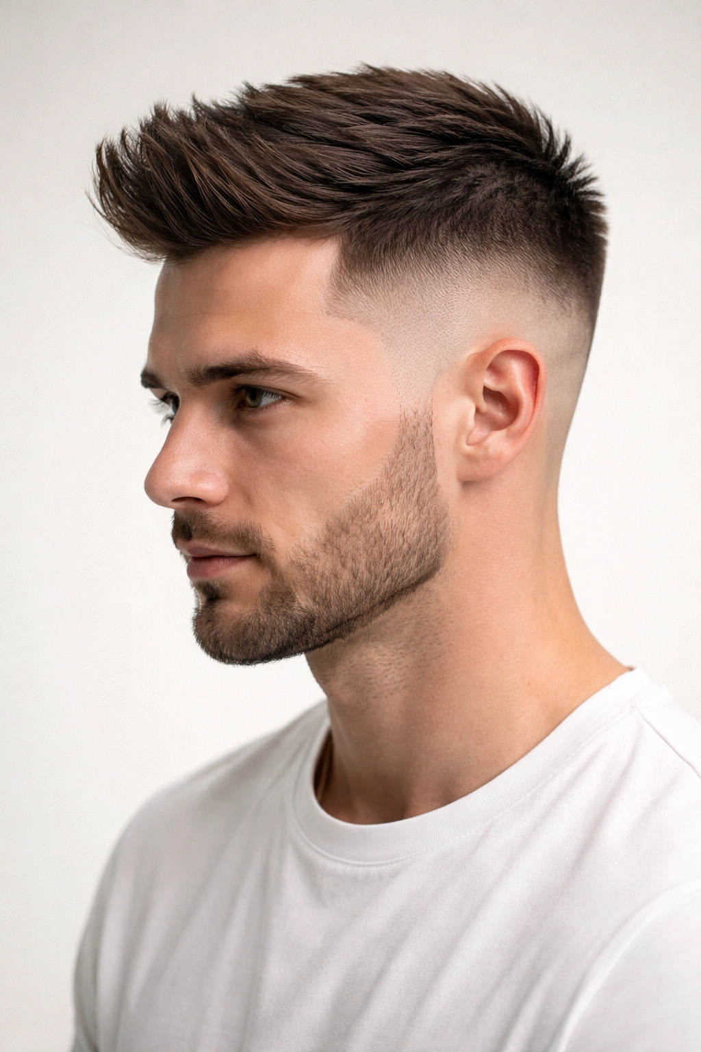 Portrait of a man with a fade haircut showing tapered sides and longer top