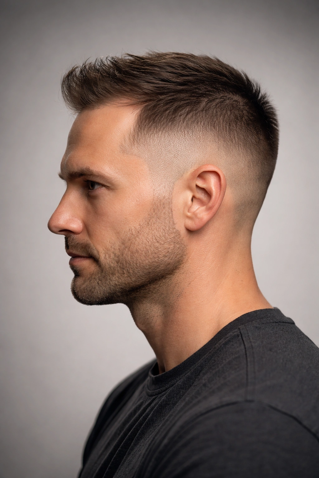 Side-profile of a man with a fade blending into longer top