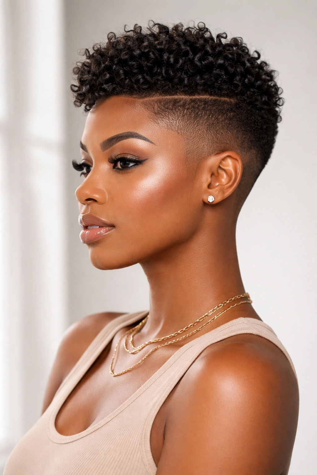 Black woman with a fade on the sides and longer textured top