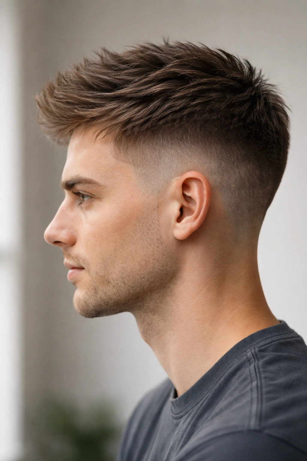 Profile portrait showing fade with textured top creating volume.