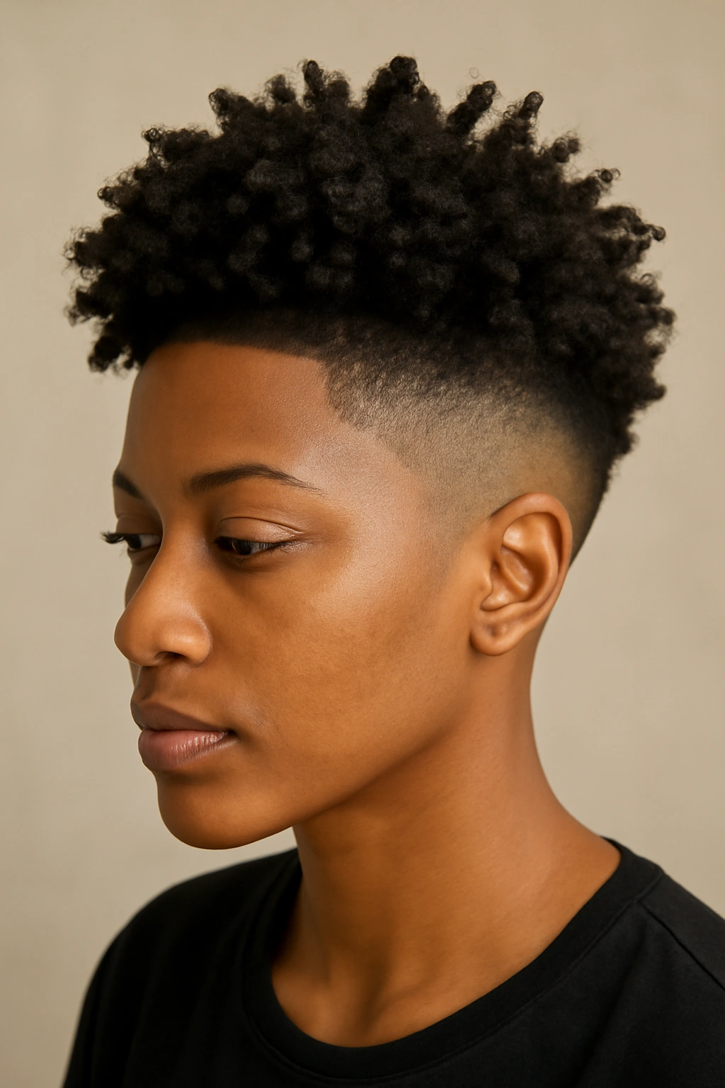 12 Short Curly Haircuts for Black Women to Copy Now 7 Close-up of a woman with a fade mohawk and curly hawk hairstyle